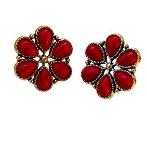 Red Cluster Stud Earrings – Faux Coral Zuni Navajo Native American Western Style